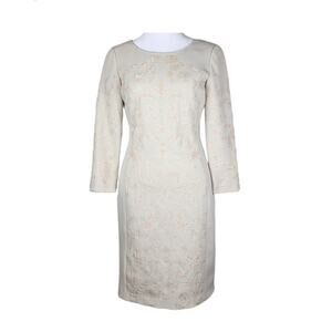 Tahari Women Cream Formal shift dress white scrolling pattern embroidery Sz. 8
